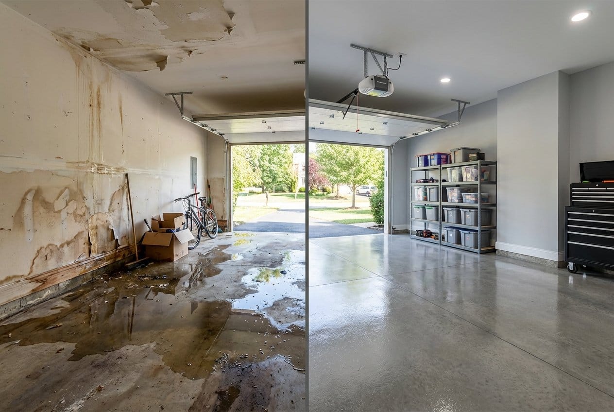 Basement Flood Cleanup before and after in garage, Upper Saddle River NJ