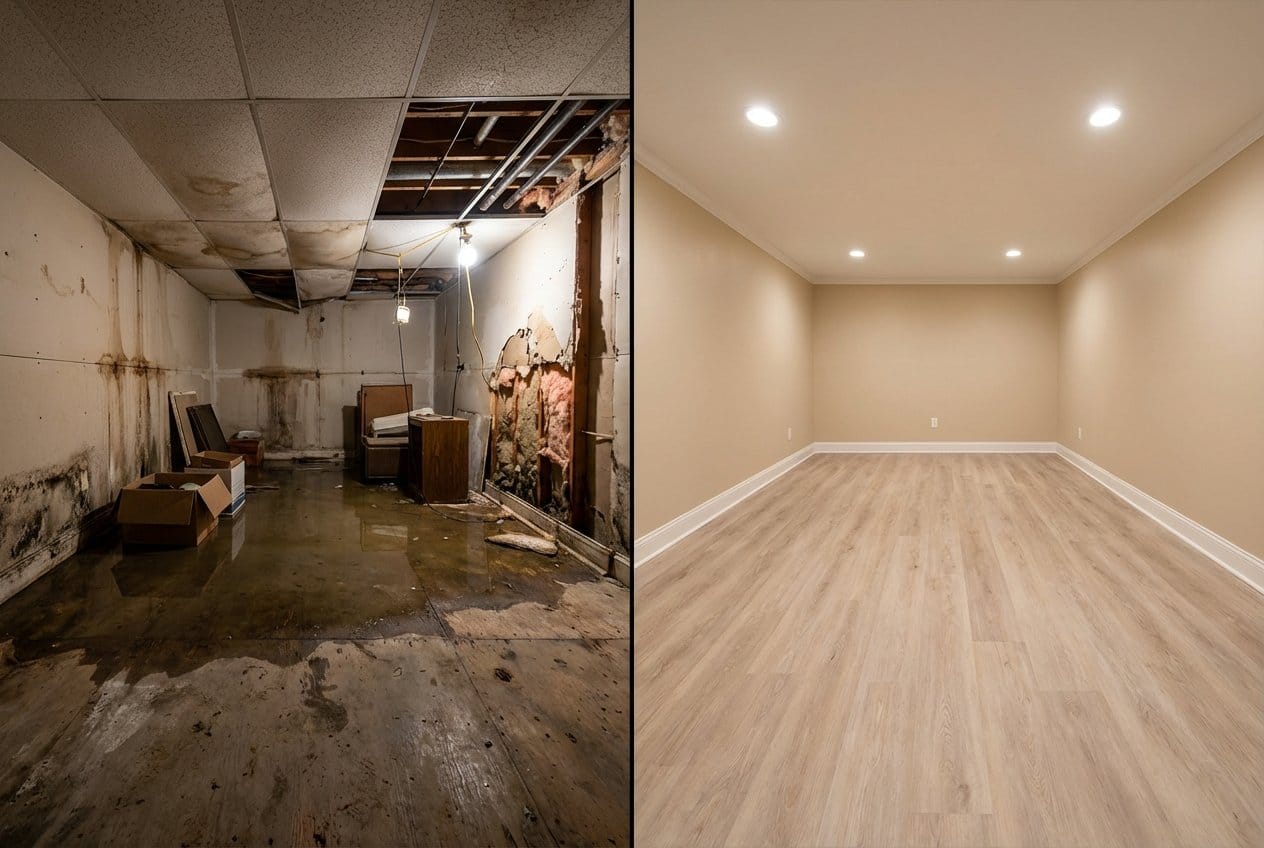 Storm & Roof Leak Water Damage before and after in finished basement, Upper Saddle River NJ