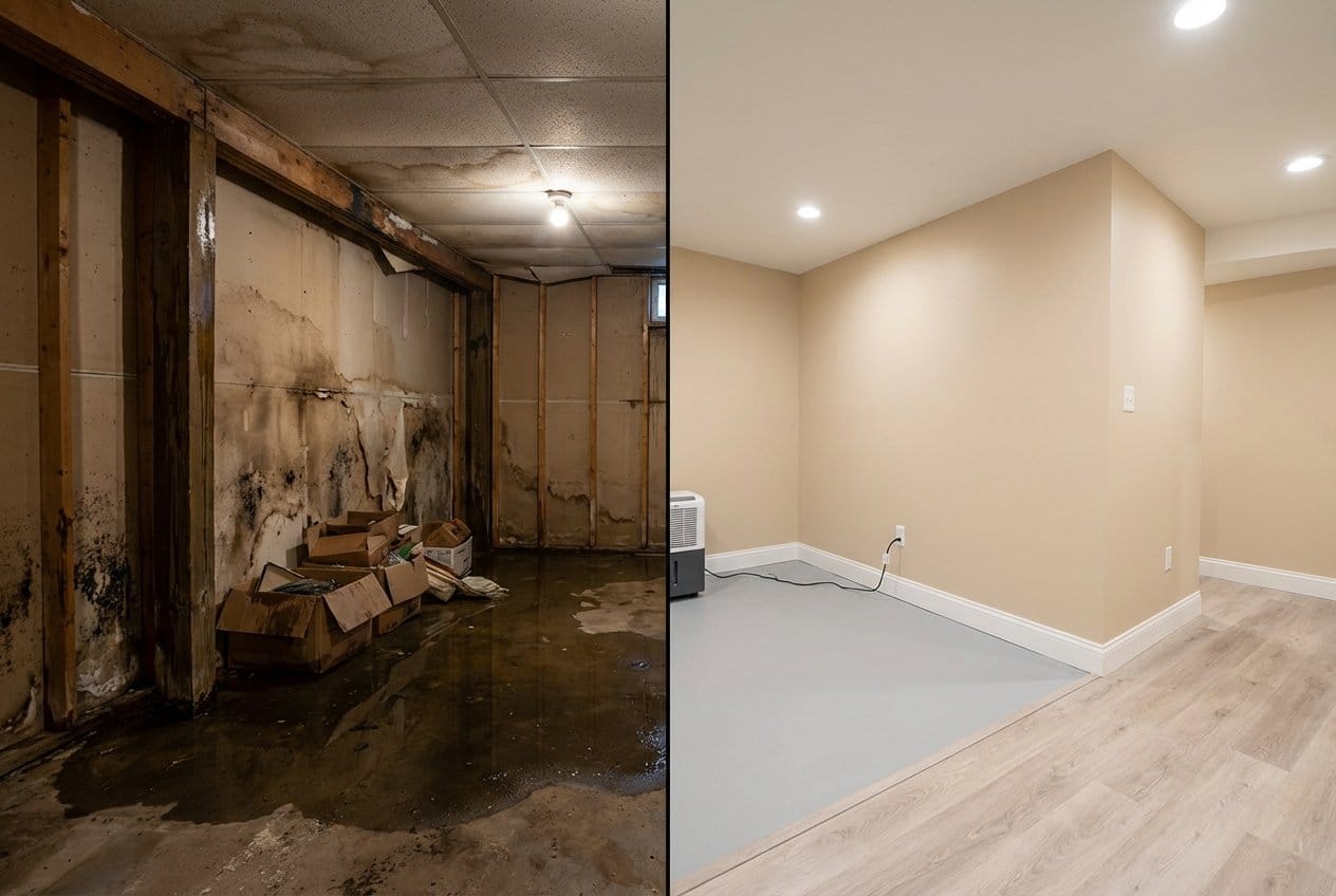 Sewage Backup Cleanup before and after in residential basement, Upper Saddle River NJ