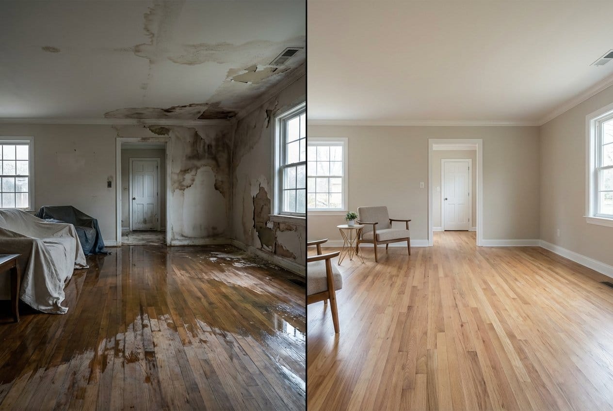 Structural Drying & Dehumidification before and after in living room, Upper Saddle River NJ