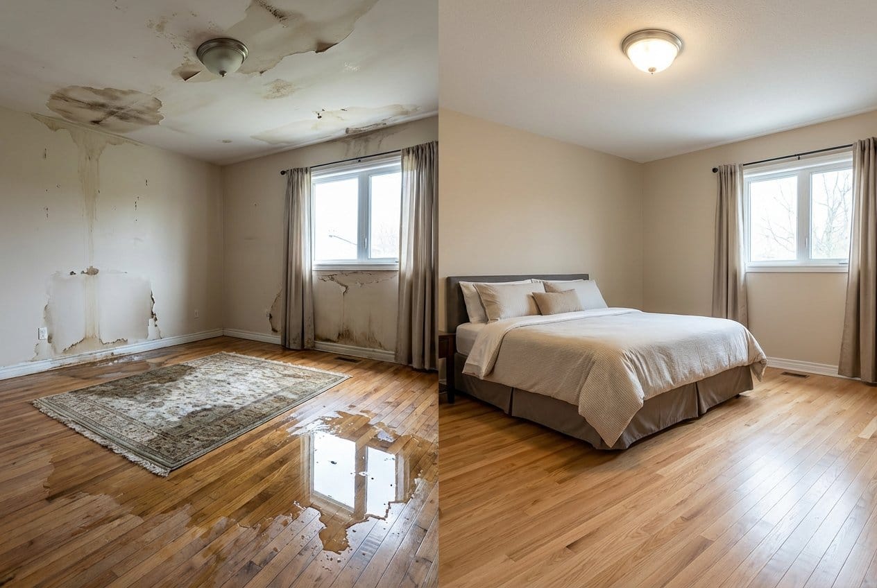 Before and after structural drying & dehumidification in Upper Saddle River bi-level home bedroom