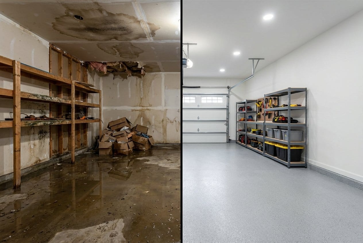 Carpet & Flooring Water Damage Cleanup before and after in garage, Upper Saddle River NJ