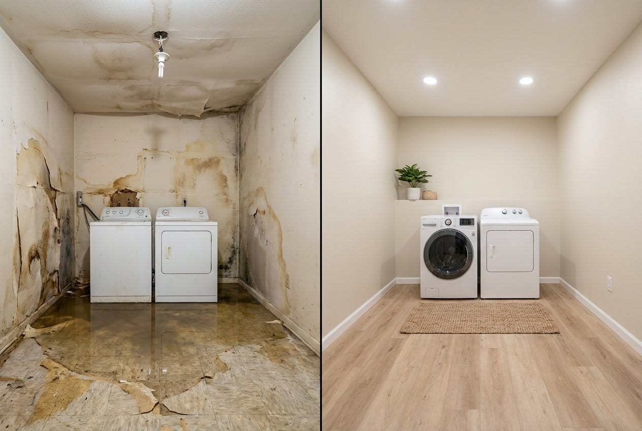 Wall & Ceiling Dry-Out restoration β laundry room of Cape Cod house in Upper Saddle River, NJ
