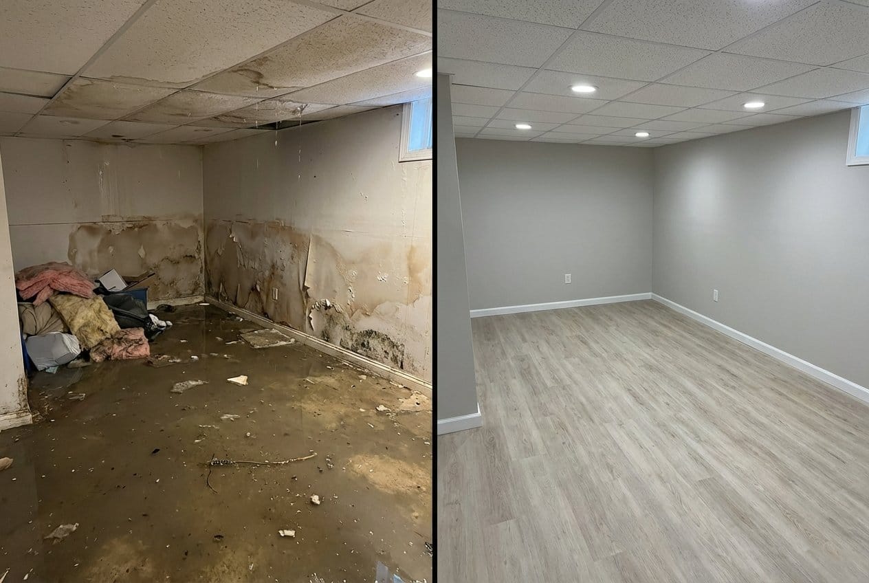 Mold Prevention After Water Damage before and after in residential basement, Upper Saddle River NJ