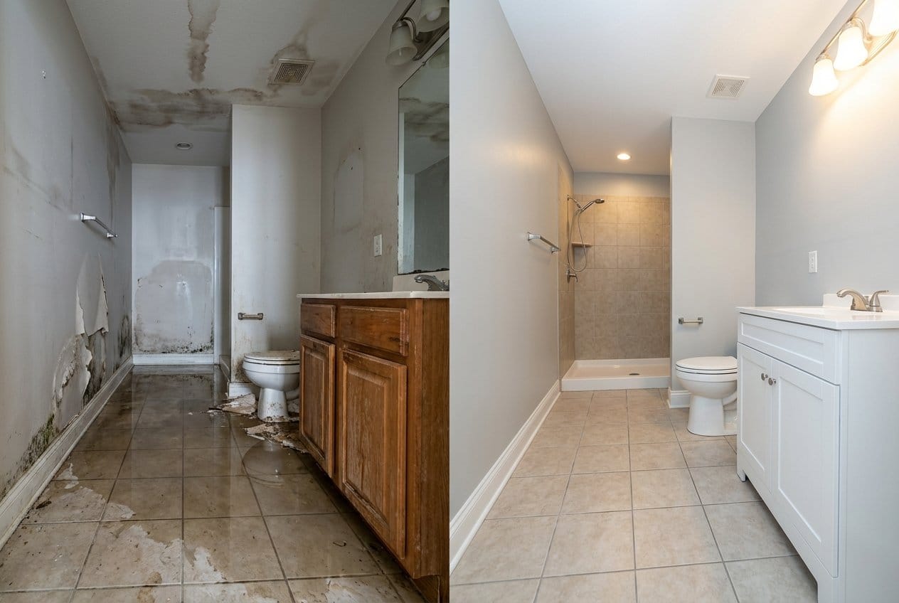 Before and after mold prevention after water damage in Upper Saddle River Victorian home bathroom