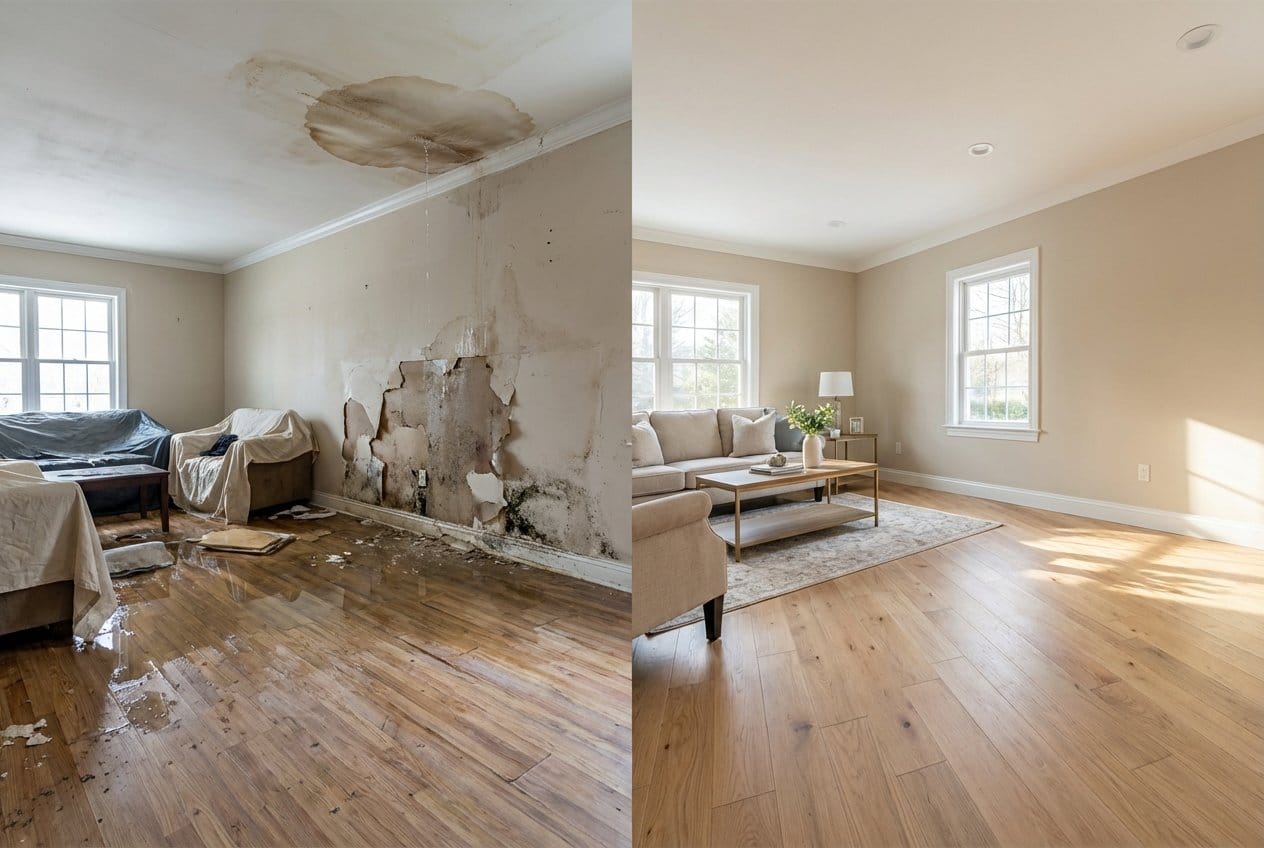 Upper Saddle River Water Damage Restoration living room restoration before and after in Upper Saddle River